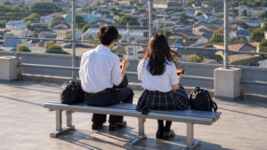 Zwei japanische Schüler beim Mittagessen auf dem Schuldach
