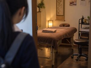 Straße mit Massagesalons in Tokio bei Nacht