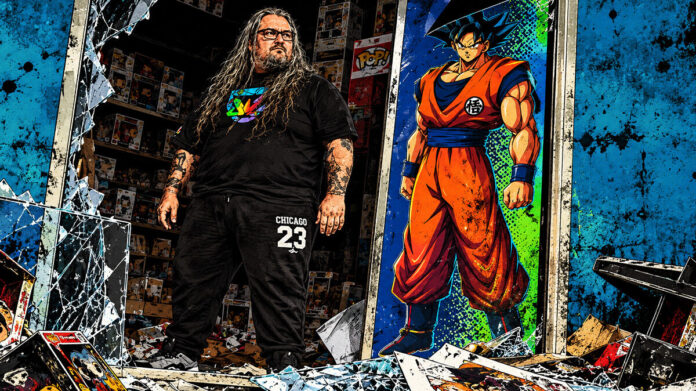 Illustration: Ladenleiter mit langen Haaren vor zerbrochener Schaufensterscheibe, daneben ein großes Goku-Plakat