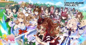 Werbebild von „Uma Musume Pretty Derby“: zahlreiche Pferdemädchen-Figuren laufen über eine Rennbahn