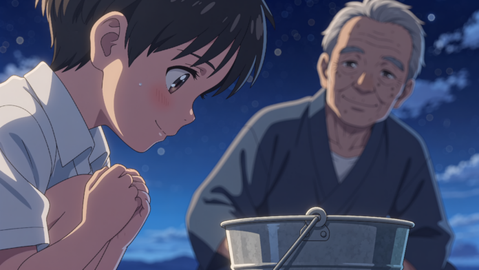 Szene aus dem KI-Anime „Hoshi no Uta ga Kikoeru“: Ein Junge faltet unter dem Sternenhimmel die Hände, hinter ihm lächelt sein Großvater.