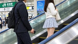 Mann mit Handy hinter einer Frau auf einer Rolltreppe