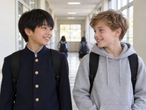 Ein japanischer Schüler in dunkler Schuluniform und ein deutscher Schüler im grauen Kapuzenpulli stehen lächelnd nebeneinander in einem Schulflur