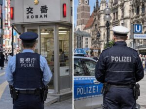 Links ein japanischer Polizist vor einem Kōban in Tokio, rechts ein deutscher Polizist vor einem Streifenwagen am Münchner Marienplatz