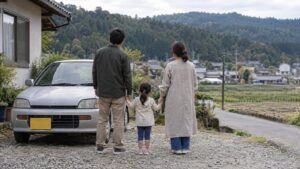 Familie mit Kind neben einem alten Kleinwagen in einem japanischen Dorf
