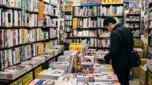 Ein Mann blättert in einer Buchhandlung in Fotobänden, ringsum volle Regale